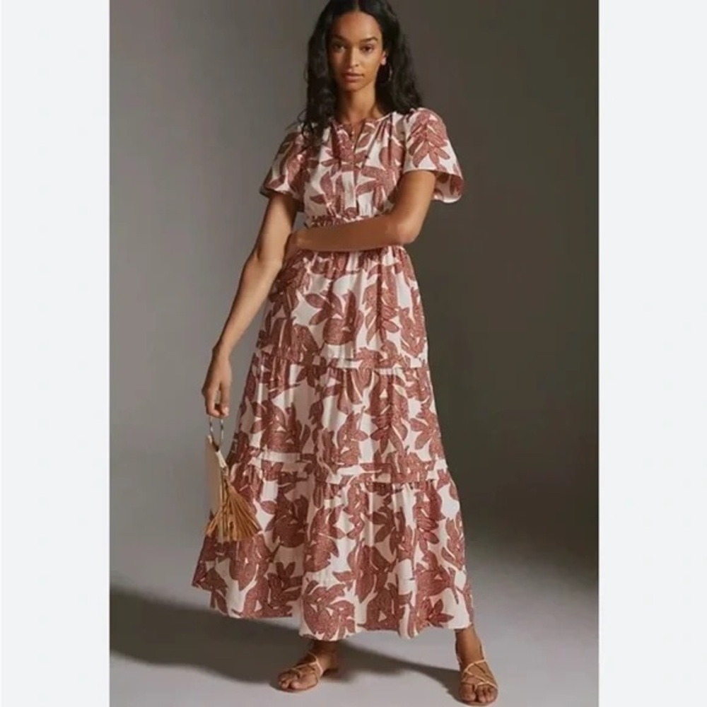 Anthropologie Rust and Cream Floral Maxi Dress